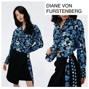 DIANE VON FURSTENBERG Olia Mixed Media Wrap Dress Blue Black Size XS - NWT $458